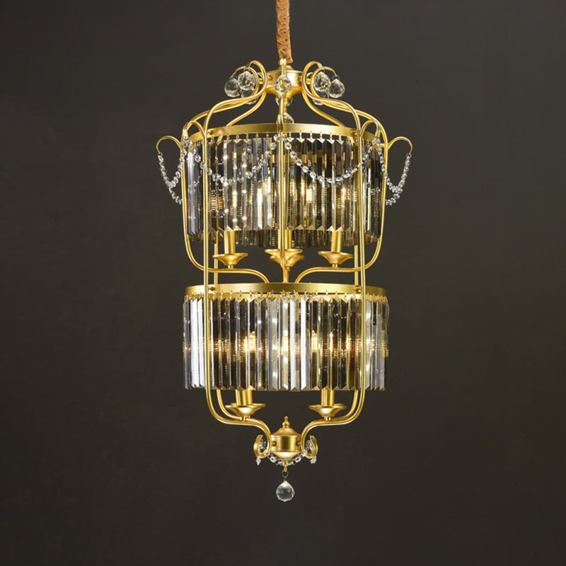 Candle Ceiling Chandelier Retro Prismatic Crystal Hanging Lamp with Scroll Frame