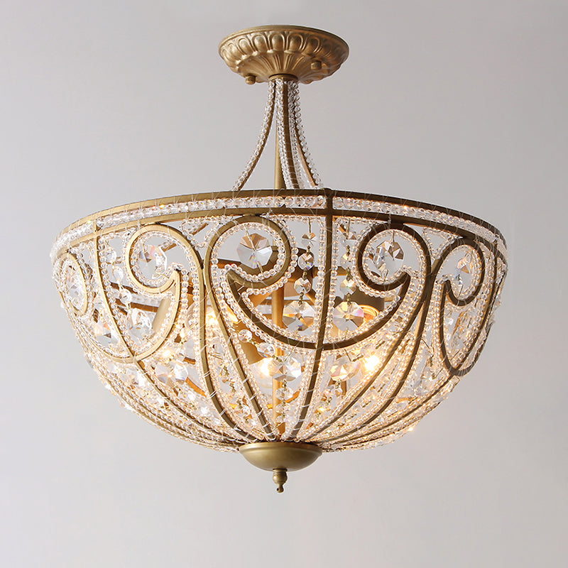 Plafonnier hémisphère doré antique avec perles de cristal rustiques, plafonnier à 5 lumières pour salle à manger