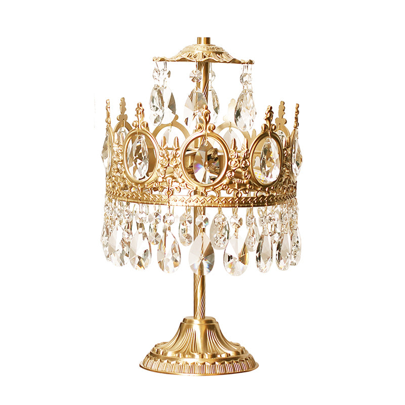 Lampada da comodino a lampadina singola Lampada da tavolo in cristallo a forma di corona antica in oro per camera da letto