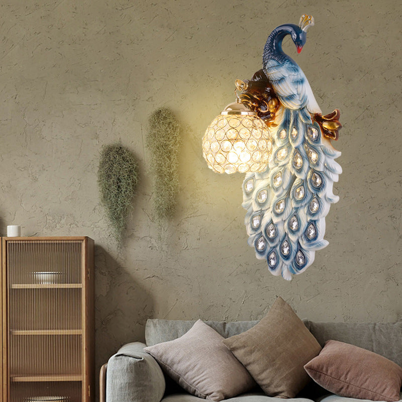 Blue Peacock Sconce Light Fixture Country Resin Single Dining Room Wall Lamp with Crystal Shade
