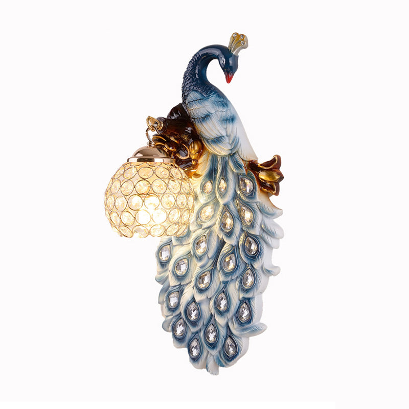 Blue Peacock Sconce Light Fixture Country Resin Single Dining Room Wall Lamp with Crystal Shade
