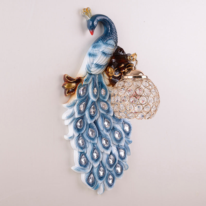Blue Peacock Sconce Light Fixture Country Resin Single Dining Room Wall Lamp with Crystal Shade