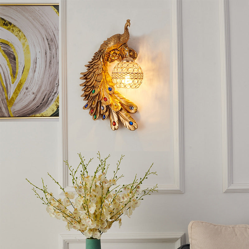 Peacock -vormige corridor wandlicht boerderij hars 1 lamp wand sconce met hemisfeer kristal schaduw