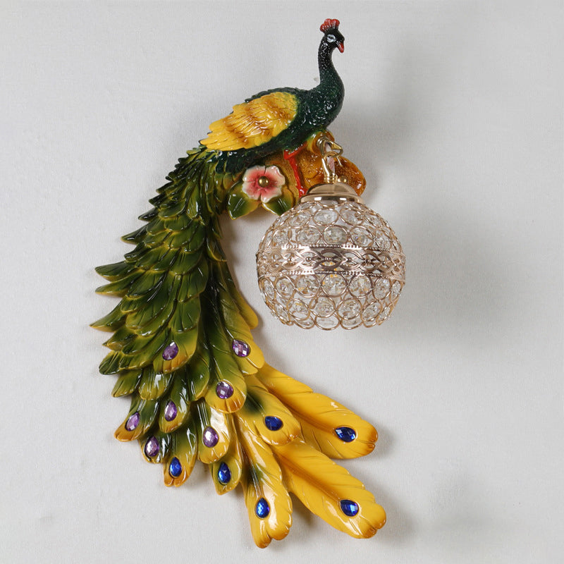Peacock -vormige corridor wandlicht boerderij hars 1 lamp wand sconce met hemisfeer kristal schaduw