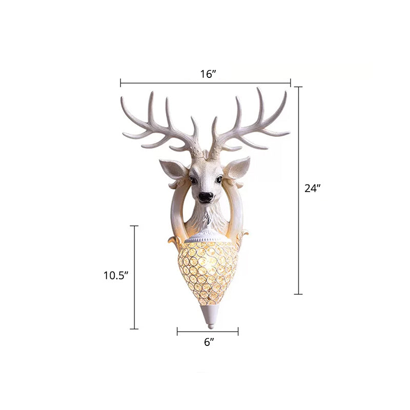 Lodge Deer Head Wall Light Fixture 1 Bulb Resin Wall Sconce with Teardrop Crystal Shade