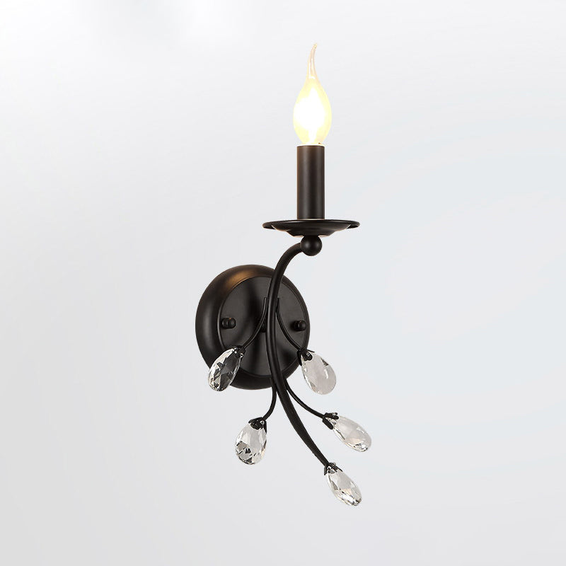Single-Bulb Candle Wall Sconce Farmhouse Black Metal Wall Light with Crystal Twig