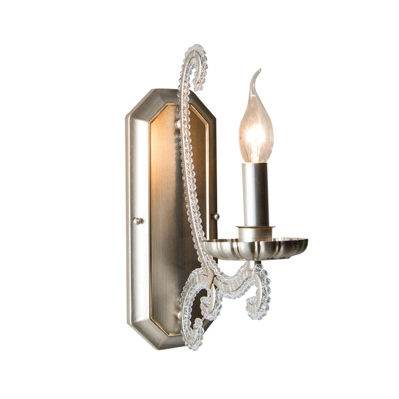 Metal Candle Wall Mounted Light Rustic Bedside Sconce Lighting Fixture with Crystal Bead