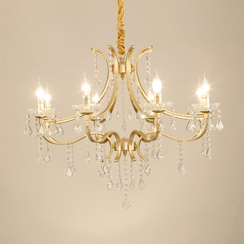 Luz de techo colgante de estilo de araña chapada en oro de metal con drapeado de cristal