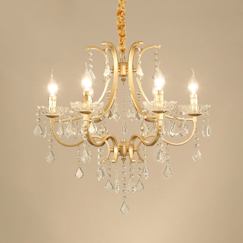 Luz de techo colgante de estilo de araña chapada en oro de metal con drapeado de cristal