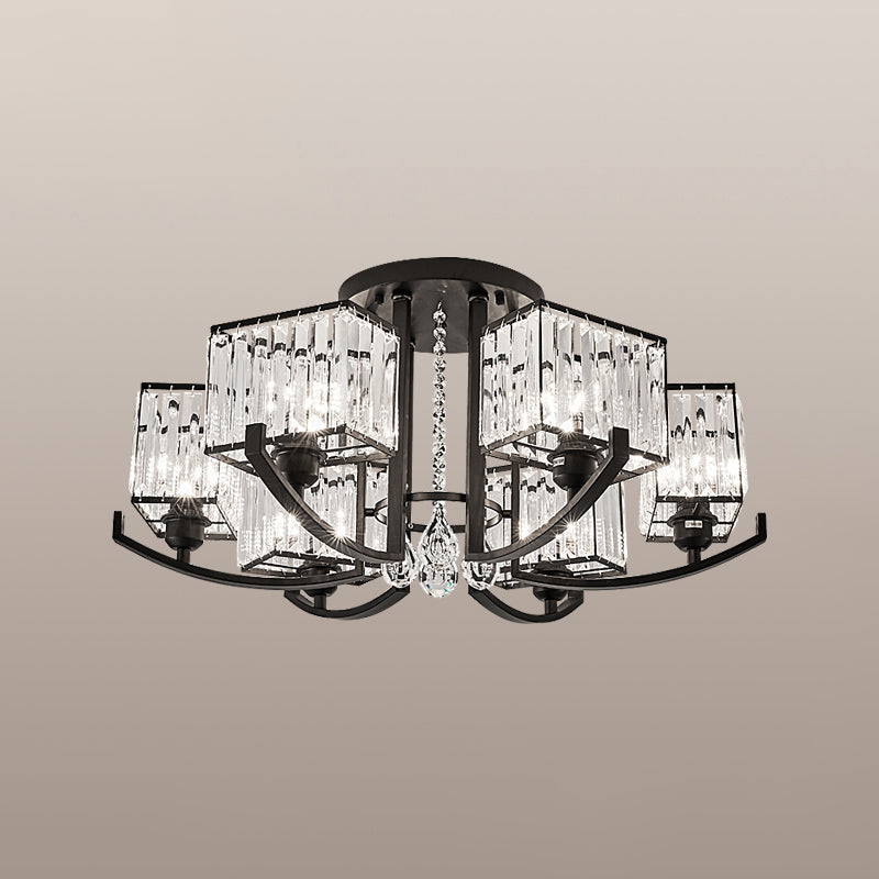 Black Rectangle Ceiling Light Fixture Modern K9 Crystal Living Room Semi Flush Mount Lamp
