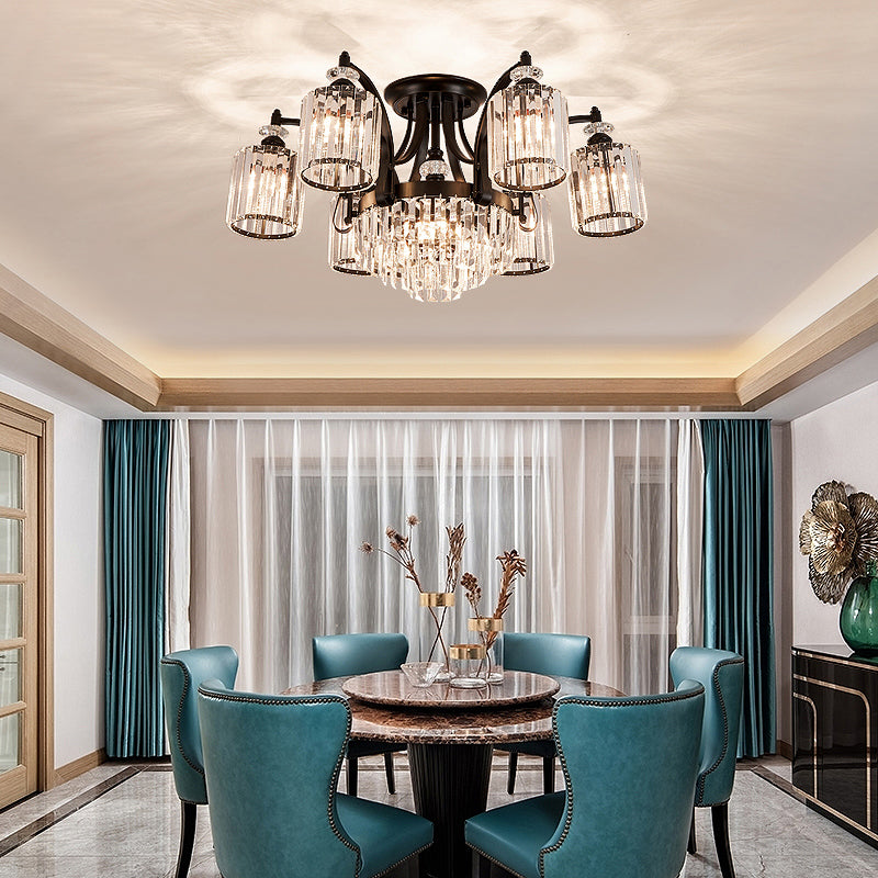 Zylindrisch Kristall Flush Mount Modern Modernes Esszimmer halb Flush Deckenleuchte in Schwarz