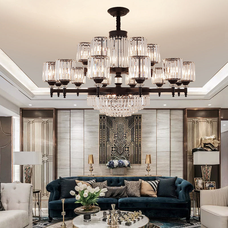Black Chandelier Lighting Vintage Rectangular-Cut Crystal Cylinder Ceiling Light Fixture