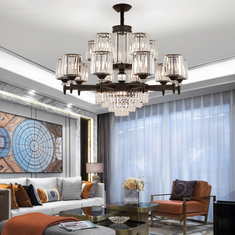 Black Chandelier Lighting Vintage Rectangular-Cut Crystal Cylinder Ceiling Light Fixture