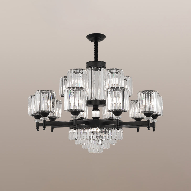 Black Chandelier Lighting Vintage Rectangular-Cut Crystal Cylinder Ceiling Light Fixture