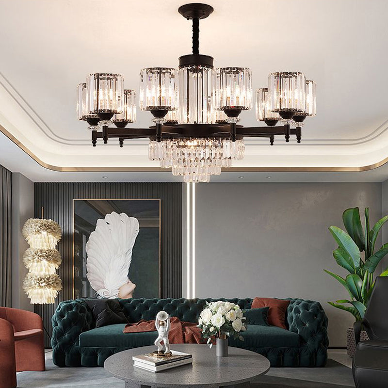 Black Chandelier Lighting Vintage Rectangular-Cut Crystal Cylinder Ceiling Light Fixture