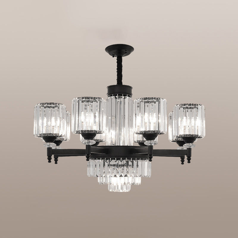 Black Chandelier Lighting Vintage Rectangular-Cut Crystal Cylinder Ceiling Light Fixture