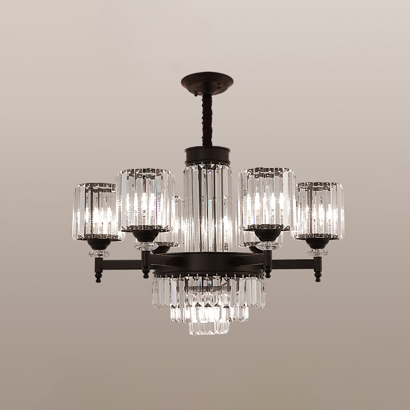 Black Chandelier Lighting Vintage Rectangular-Cut Crystal Cylinder Ceiling Light Fixture