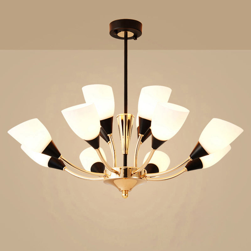 Gold 12 lumières lustre luminaire luminaire traditionnel en verre blanc ovale lampe à lampe à teinte avec conception de Spoutnik