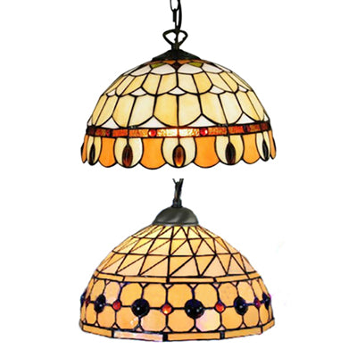 Dining Room Lighting with Circle/Gem Pattern Tiffany Jeweled Ceiling Pendant Lamp with Chain and Stained Glass Shade