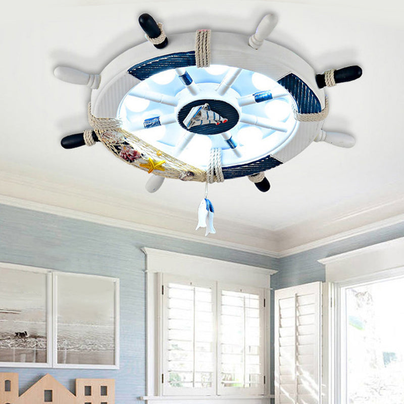 Wooden Rudder Shaped Flush Mount Fixture Cartoon Stylish LED Sky Blue/White Ceiling Mounted Light