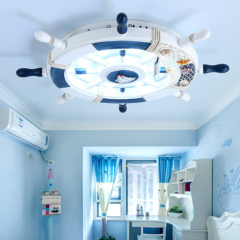 Wooden Rudder Shaped Flush Mount Fixture Cartoon Stylish LED Sky Blue/White Ceiling Mounted Light