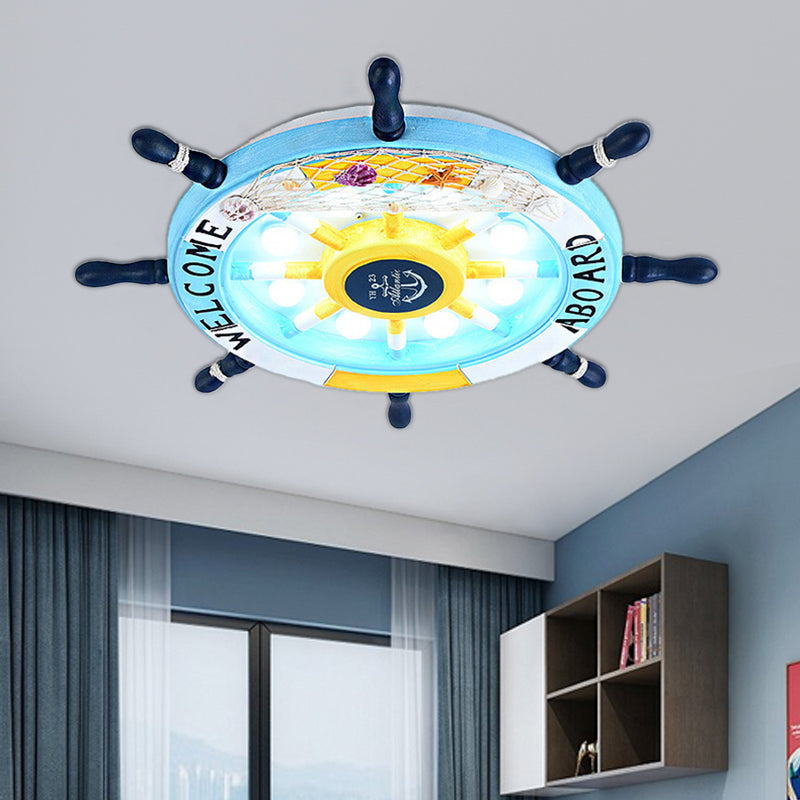 Wooden Rudder Shaped Flush Mount Fixture Cartoon Stylish LED Sky Blue/White Ceiling Mounted Light