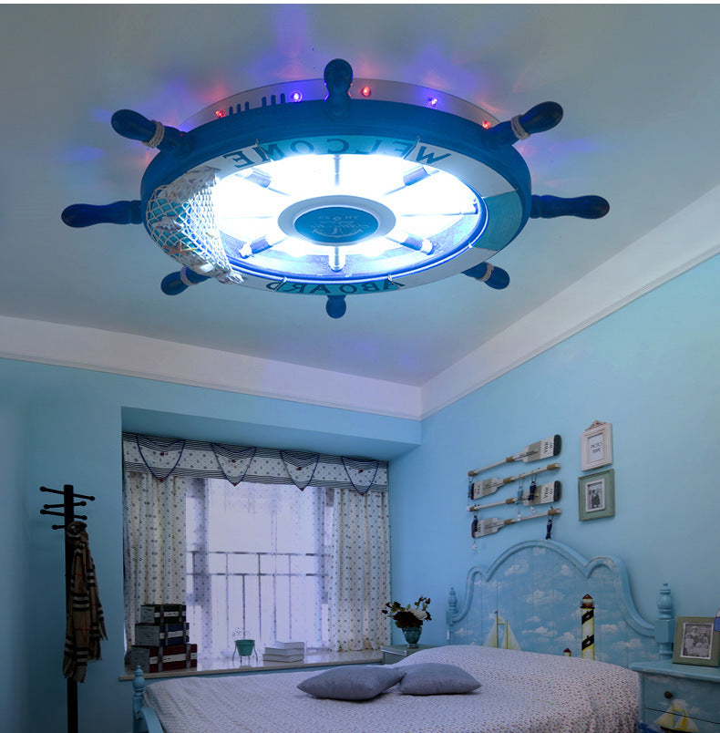 Wooden Rudder Shaped Flush Mount Fixture Cartoon Stylish LED Sky Blue/White Ceiling Mounted Light