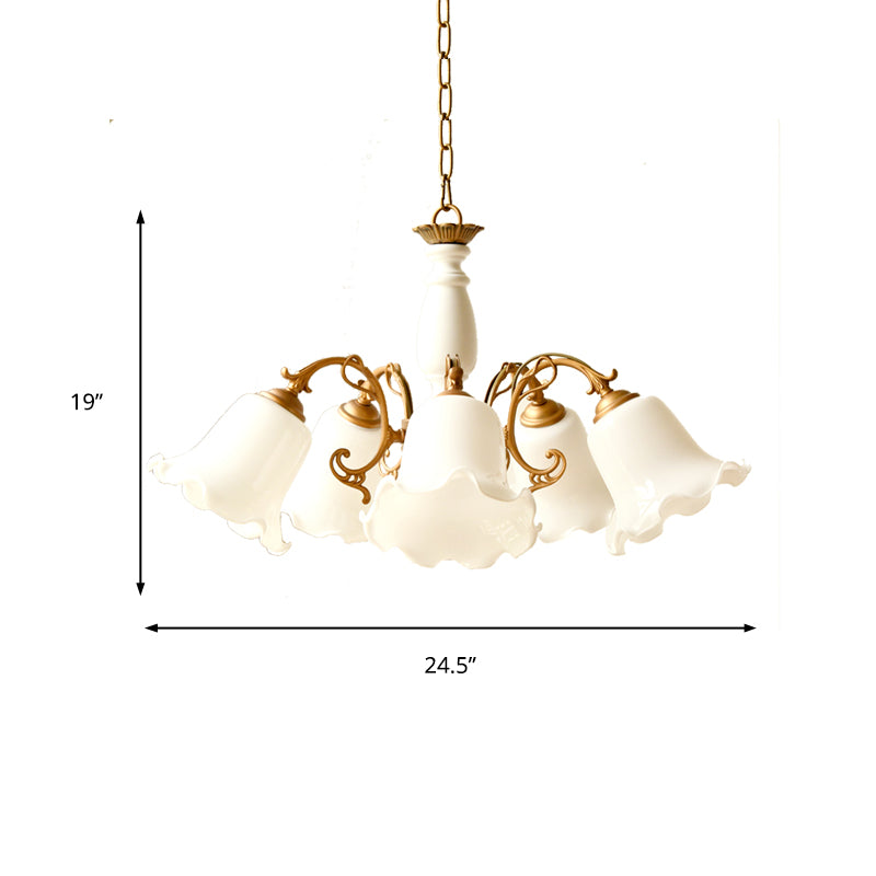 5 Lights Chandelier Light with Scalloped Metal Shade Traditional Dining Room Ceiling Lamp in White/Wood