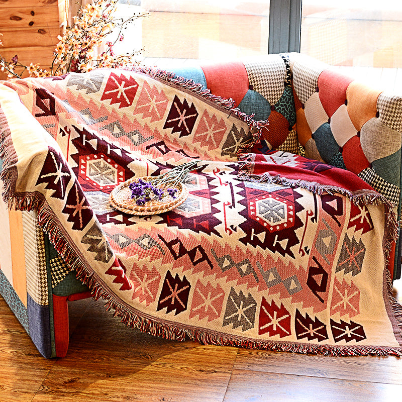 Multicolor Woven Geometric Pattern Rug Cotton Bohemian Rug Washable Pet-Friendly Carpet for Room
