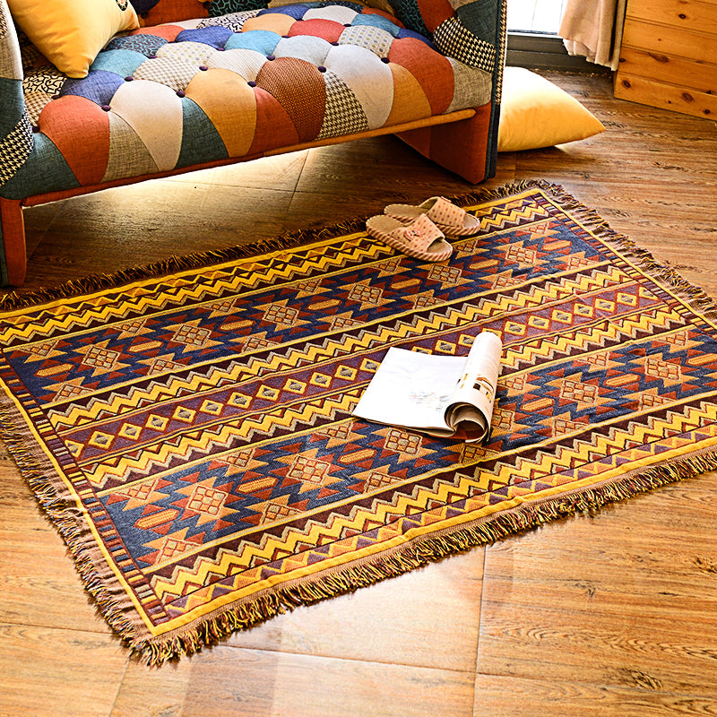 Boho Seamless Print Rug Turmeric Cotton Carpet Machine Wash Rug with Tassel Trim for Room