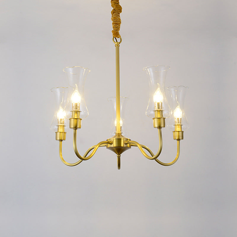 Brass 3/5 Lights Chandelier Light Fixture Traditional Clear Glass Flower Pendant Lamp