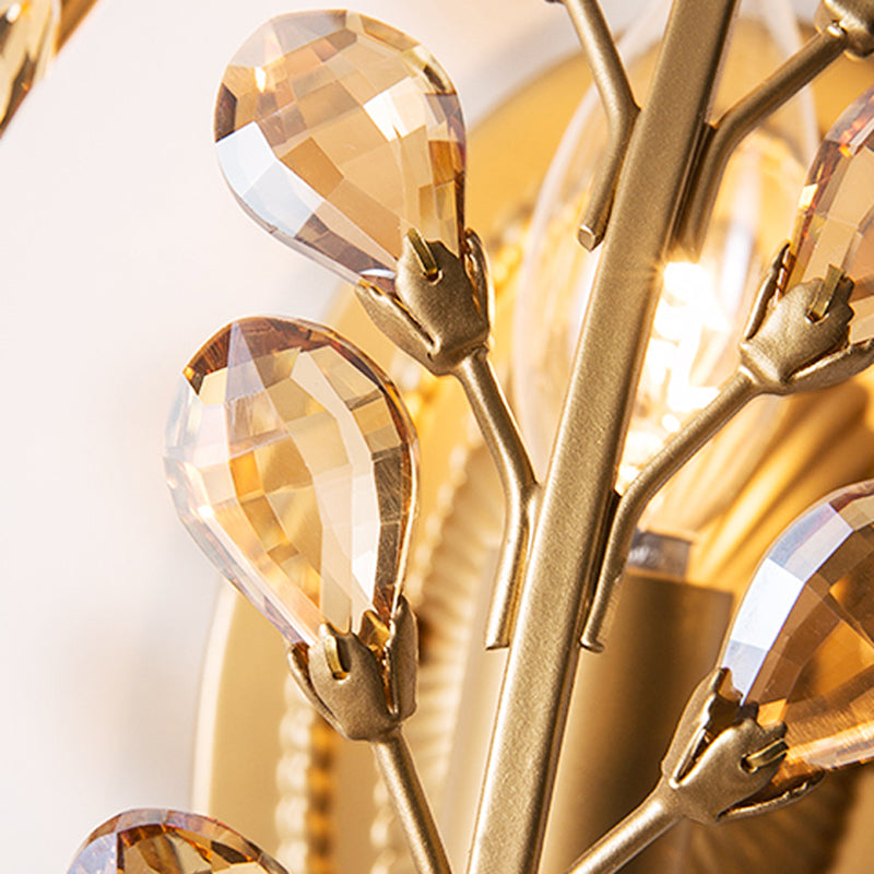 Lampe murale de vigne en or avec ambre / feuille de cristal transparent moderne 1 luminaire d'éclairage en métal léger pour le salon