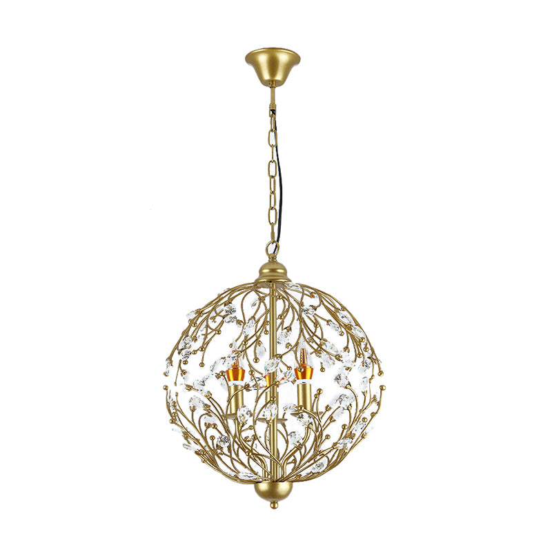 Globe Chandelier Lighting Antique Crystal 3 Lights Brass Hanging Ceiling Light for Dining Room