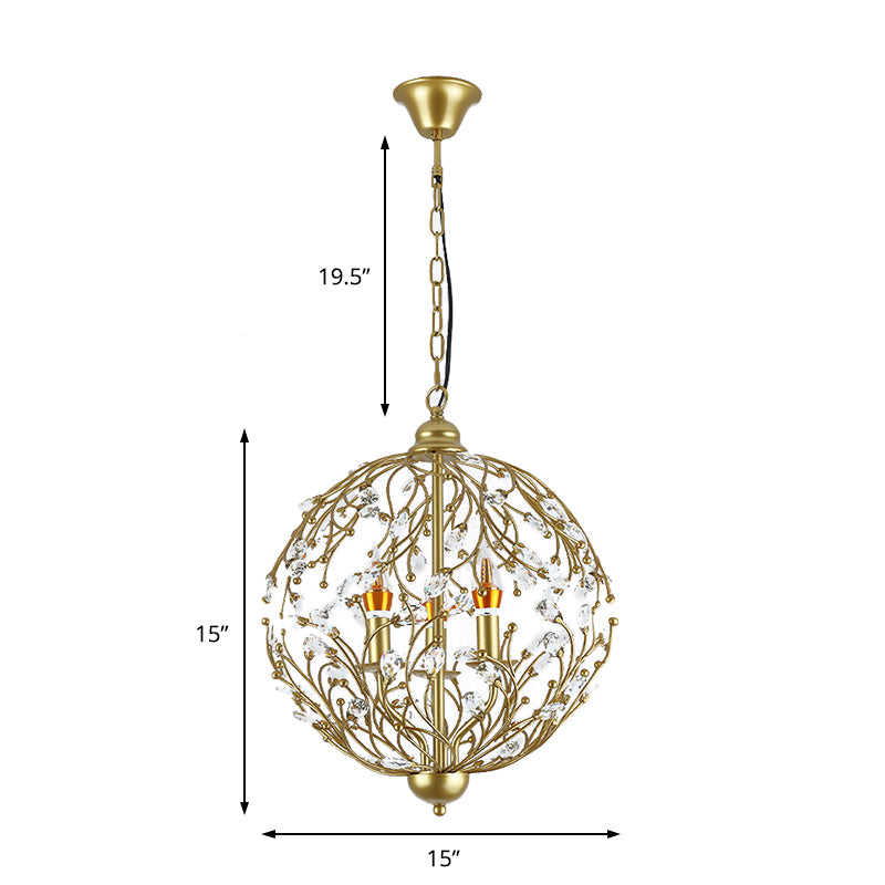 Globe Chandelier Lighting Antique Crystal 3 Lights Brass Hanging Ceiling Light for Dining Room