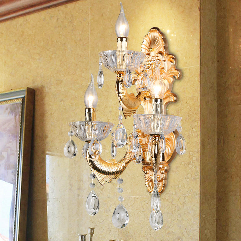 Candelabra Wall Lamp Contemporary Crystal 2 Lights Gold Wall Mount Light for Corridor