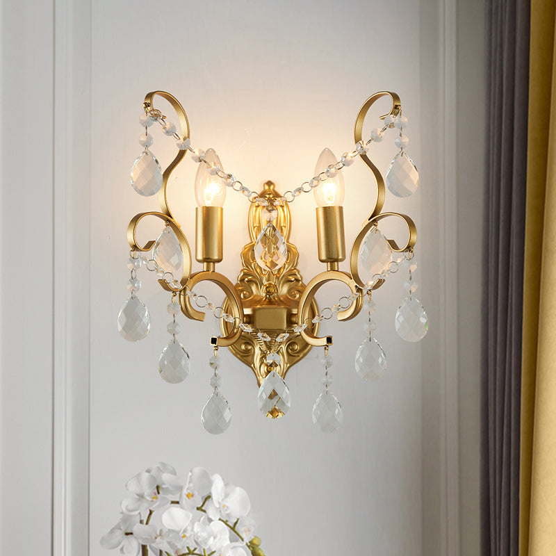 Brass Curve Arm Wall Mount Light Modernism 1/2 Lights Metal Flush Mount Wall Sconce with Teardrop Crystal Decoration