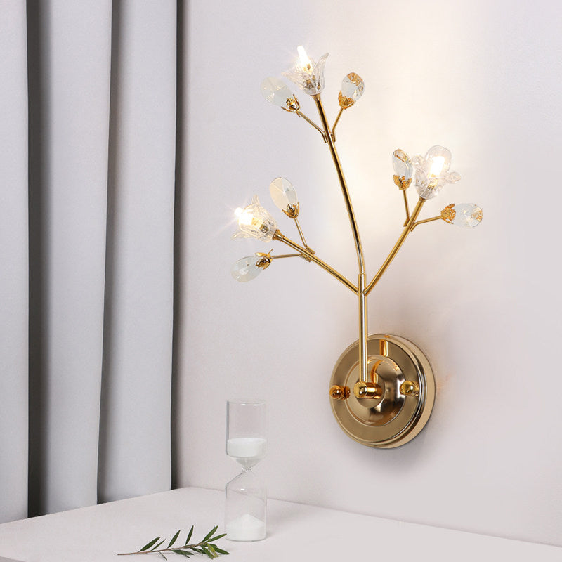 Crystal Flower and Leaf Wall Light Fixture Simple Style 3 Lights Gold Wall Sconce Light