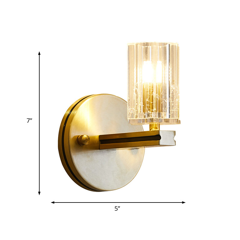 Prismatic Crystal Cylinder Sconce Light Contemporary 1 Light Wall Mount Light in Brass