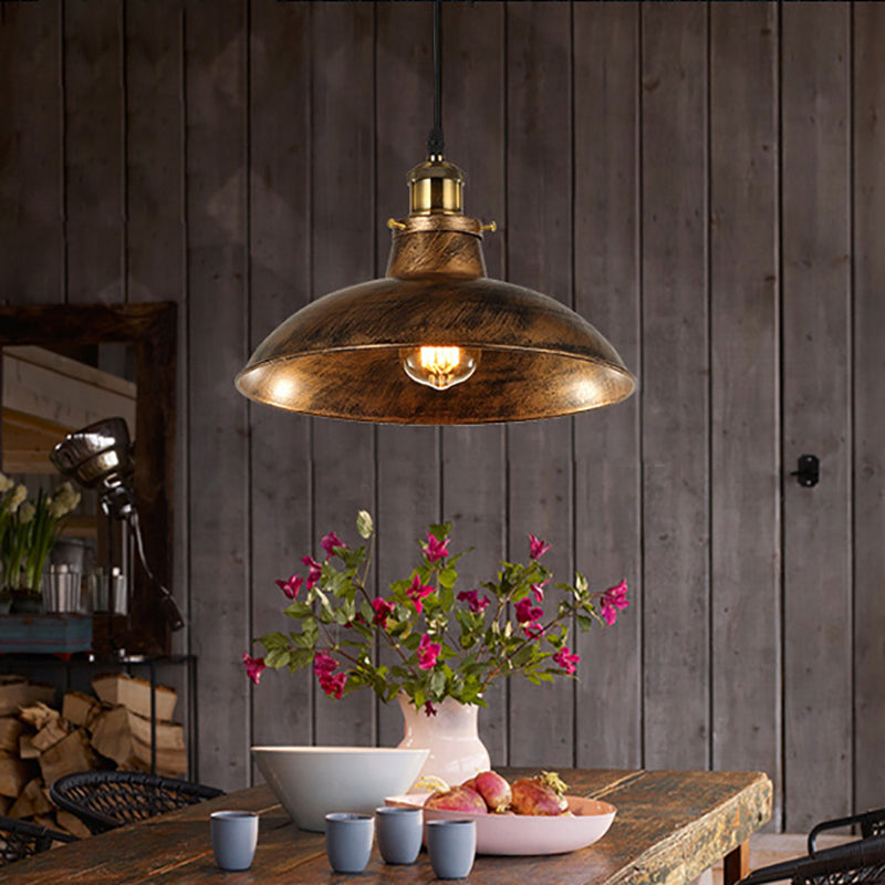 Wrought Iron Domed Ceiling Fixture Industrial 12"/14" W 1 Light Dining Room Pendant Lighting in Weathered Brass/Black