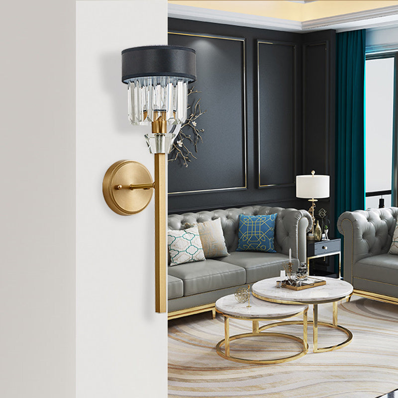 Modern 1 Light Wall Mount Light with Crystal and Fabric Shade Brass Cylinder Wall Sconce Light