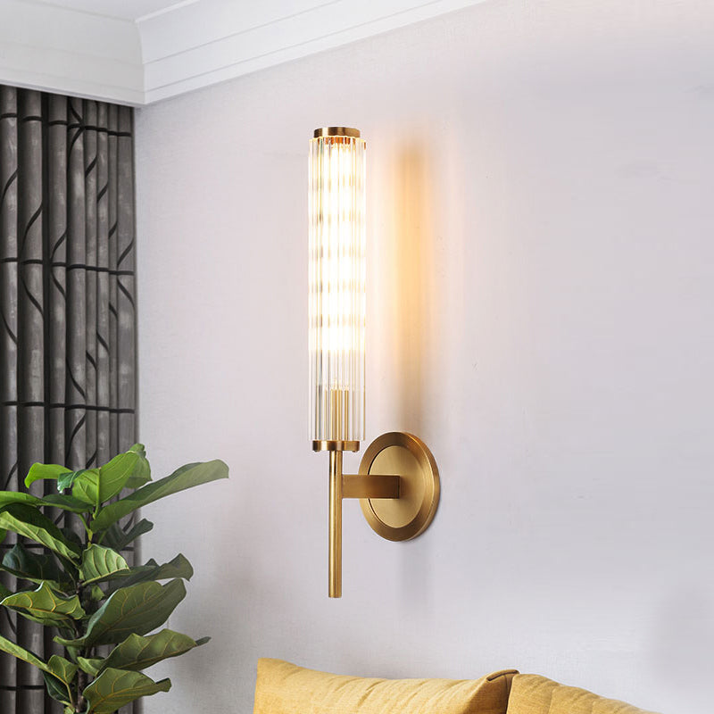 Crystal Rod Cylinder Wall Light Fixture Contemporary 1 Light Brass Wall Mount Light