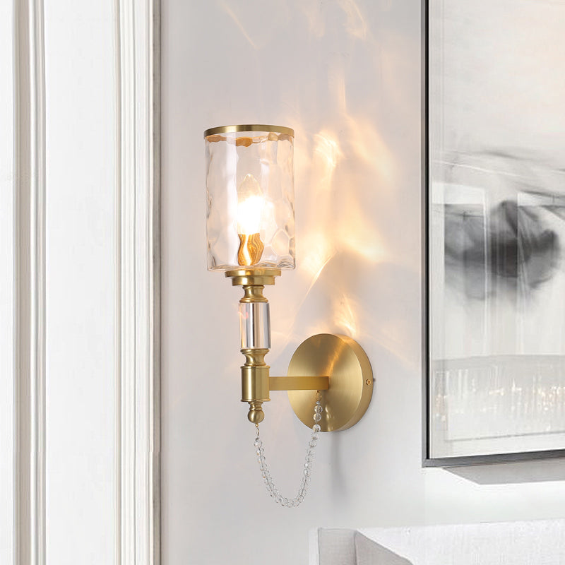 Cylinder Wall Light Postmodern Water Glass 1/2 Lights Brass Sconce Light with Crystal Strand Accent