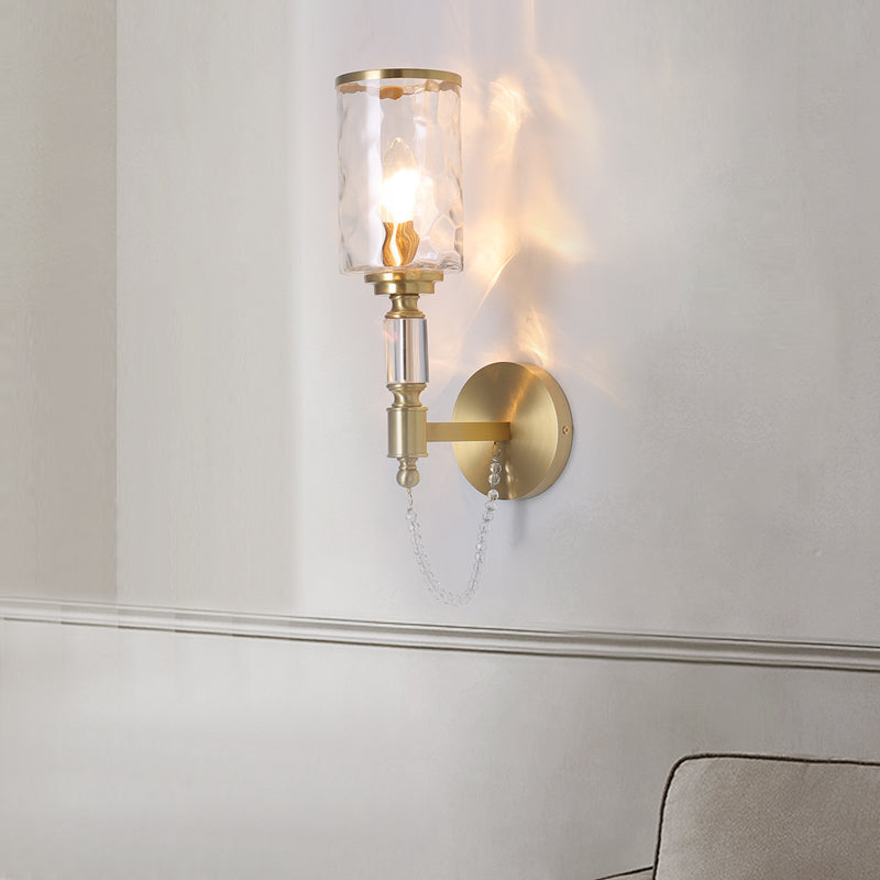 Cylinder Wall Light Postmodern Water Glass 1/2 Lights Brass Sconce Light with Crystal Strand Accent