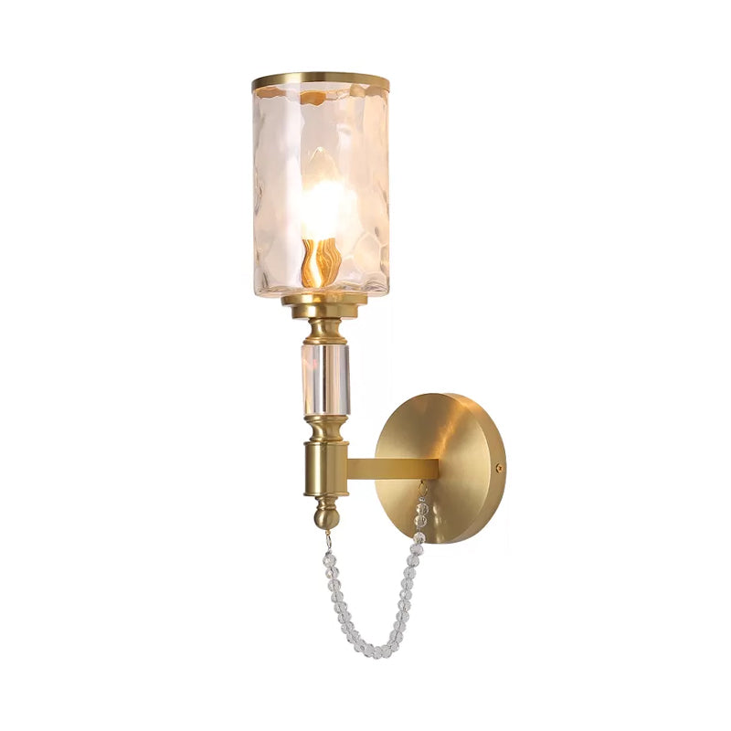Cylinder Wall Light Postmodern Water Glass 1/2 Lights Brass Sconce Light with Crystal Strand Accent