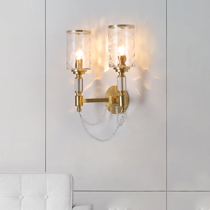 Cylinder Wall Light Postmodern Water Glass 1/2 Lights Brass Sconce Light with Crystal Strand Accent