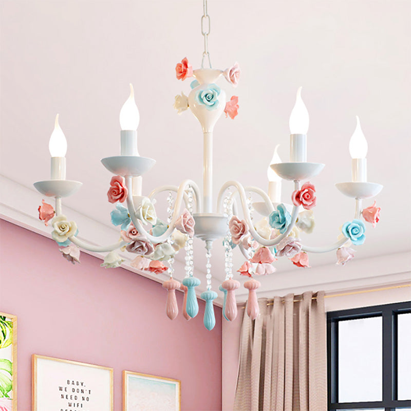 Candle Chandelier Lamp Modernism Ceramic 3/6 Lights White Finish Chandelier Pendant Light with Rose Decoration