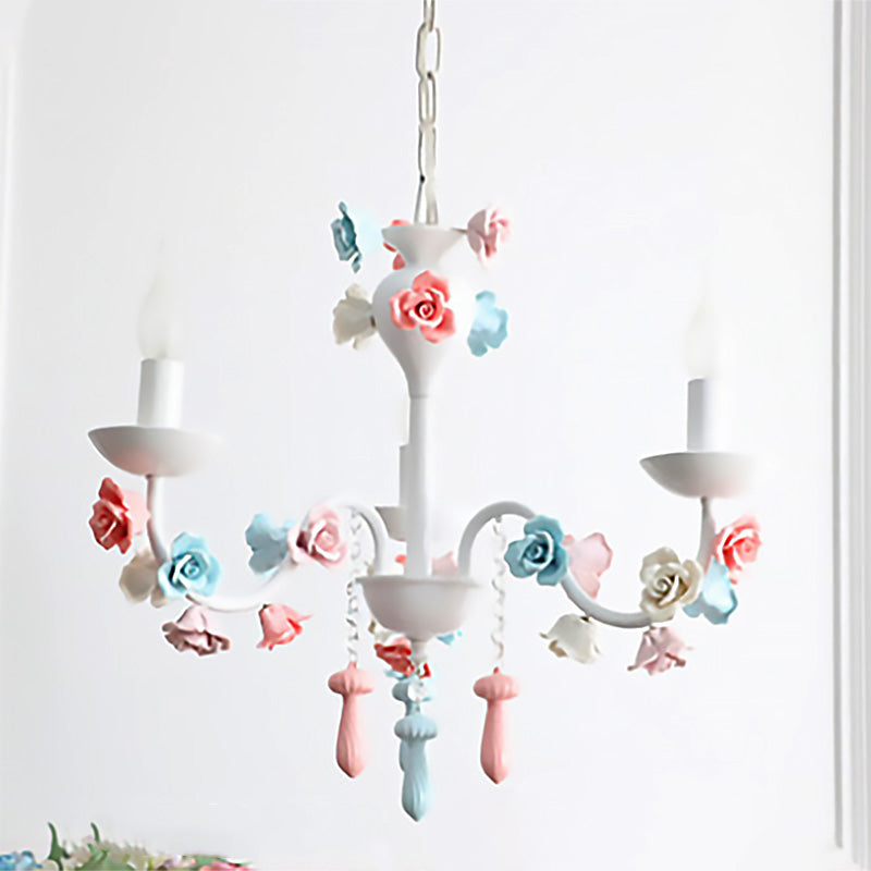 Candle Chandelier Lamp Modernism Ceramic 3/6 Lights White Finish Chandelier Pendant Light with Rose Decoration
