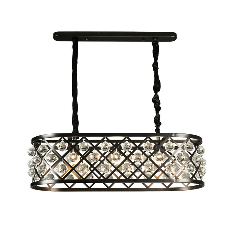 3 Lights Dining Room Chandelier Lamp with Oval Crystal and Metal Shade Vintage Black Ceiling Light