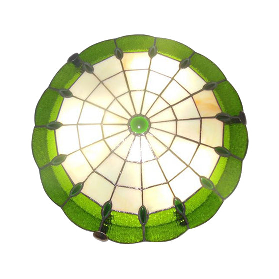 12"/16"/19.5" Wide Bedroom Ceiling Lights Tiffany Style Green/Yellow Dome Shade Flush Mount Light with Jewel Decoration