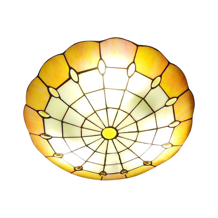 12"/16"/19.5" Wide Bedroom Ceiling Lights Tiffany Style Green/Yellow Dome Shade Flush Mount Light with Jewel Decoration